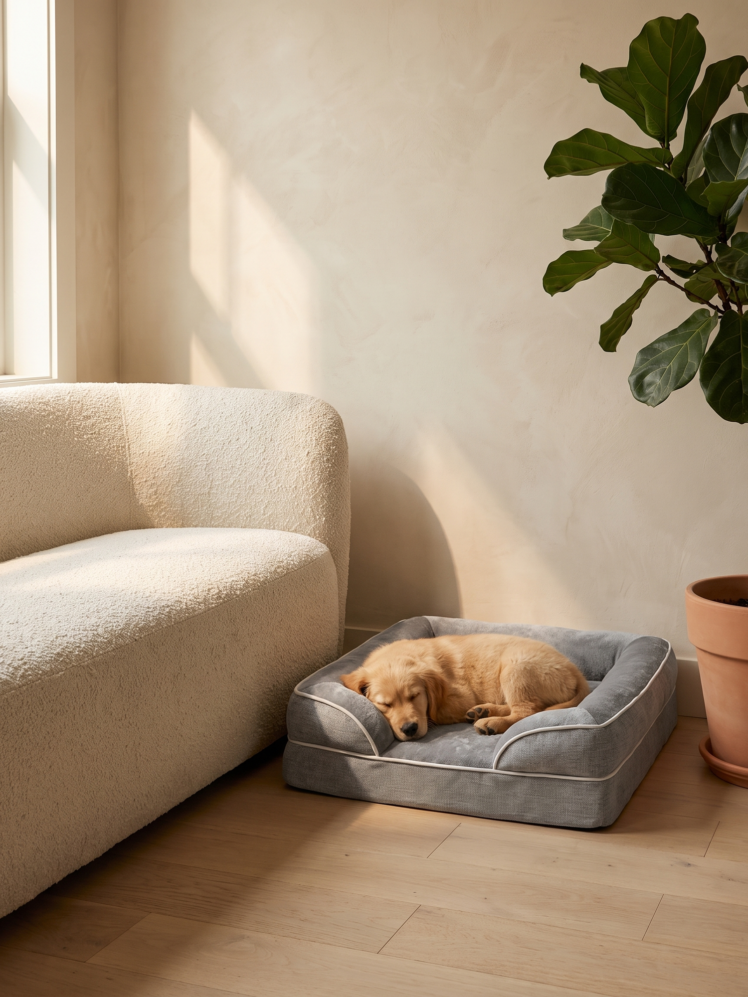 Cove dog bed with a dog asleep in a warm living room — lifestyle