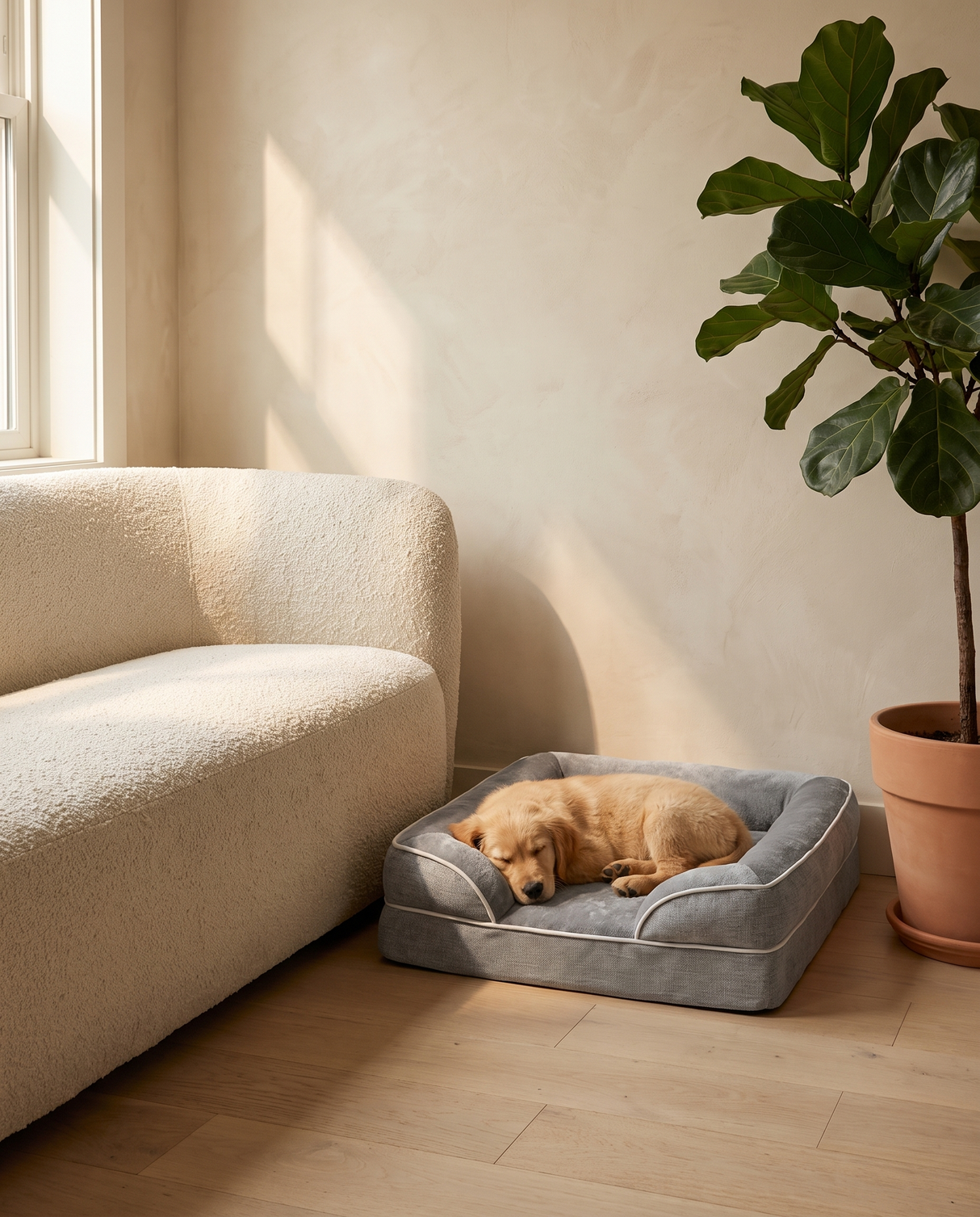Cove dog bed with a dog asleep in a warm living room — lifestyle