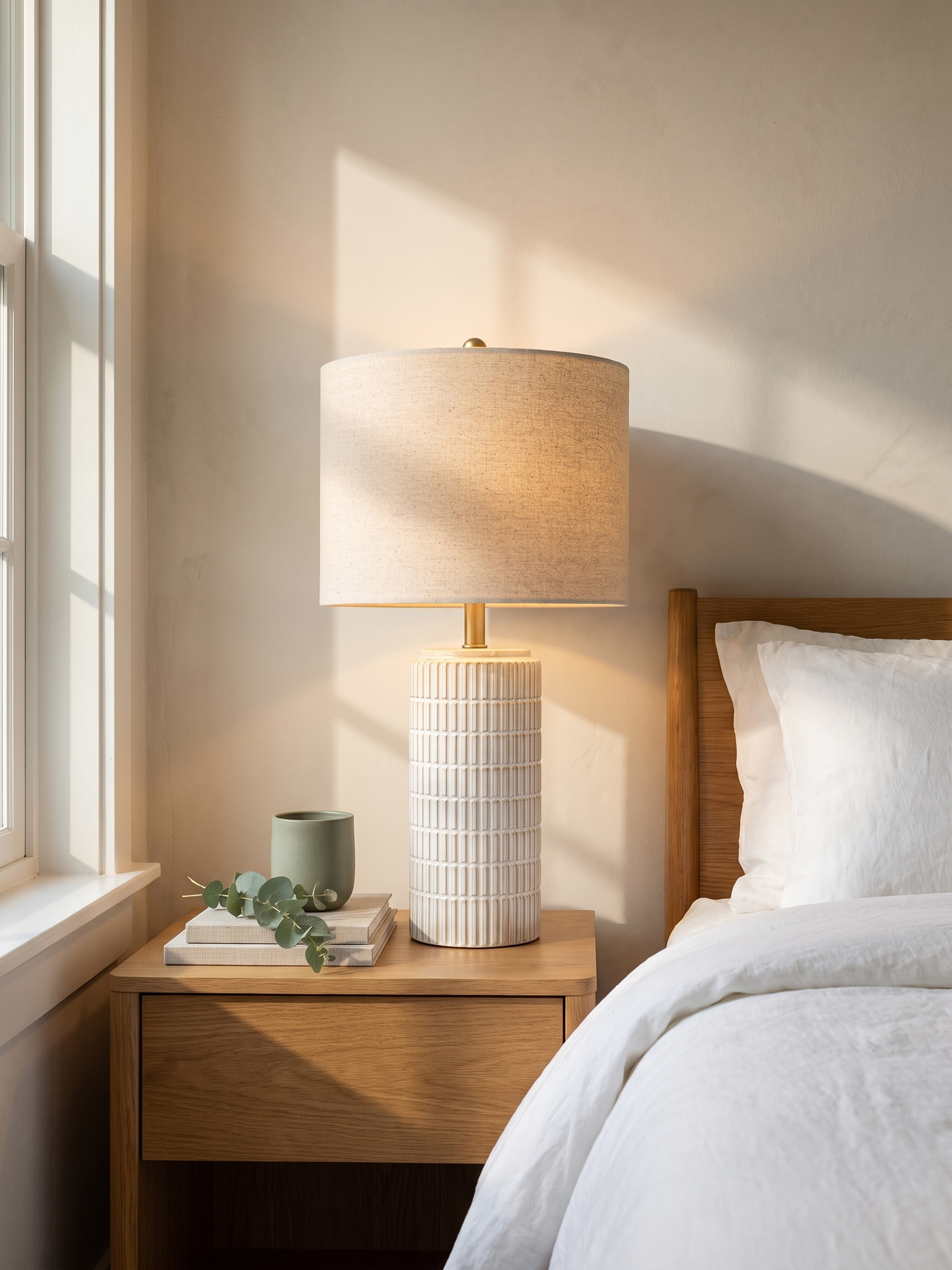 Della ceramic lamp glowing on a bedroom nightstand — lifestyle