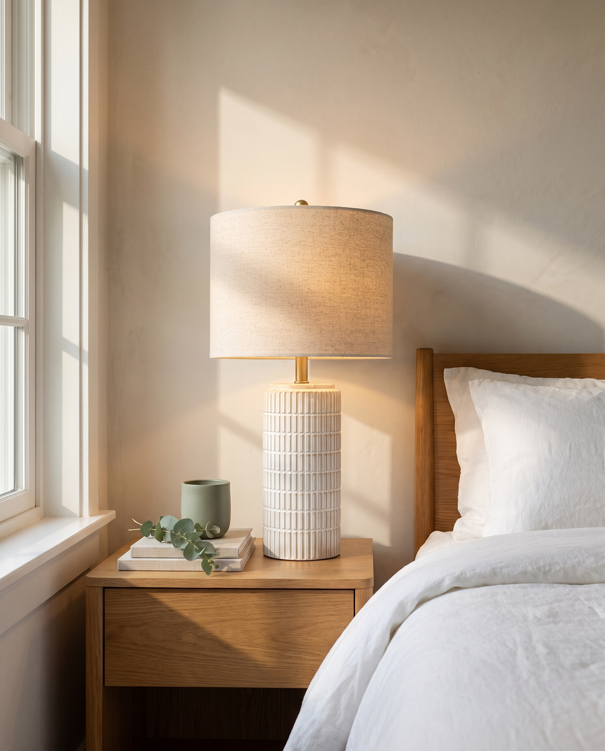 Della ceramic lamp glowing on a bedroom nightstand — lifestyle