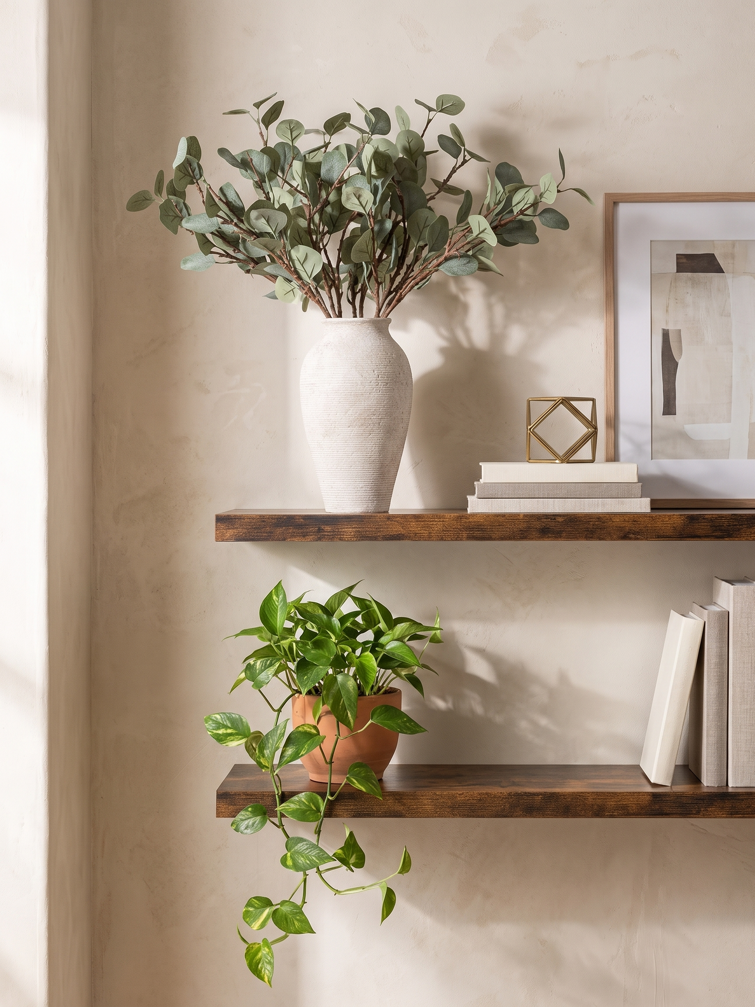 Ridge floating shelves styled with the Willa vase on a plaster wall — lifestyle