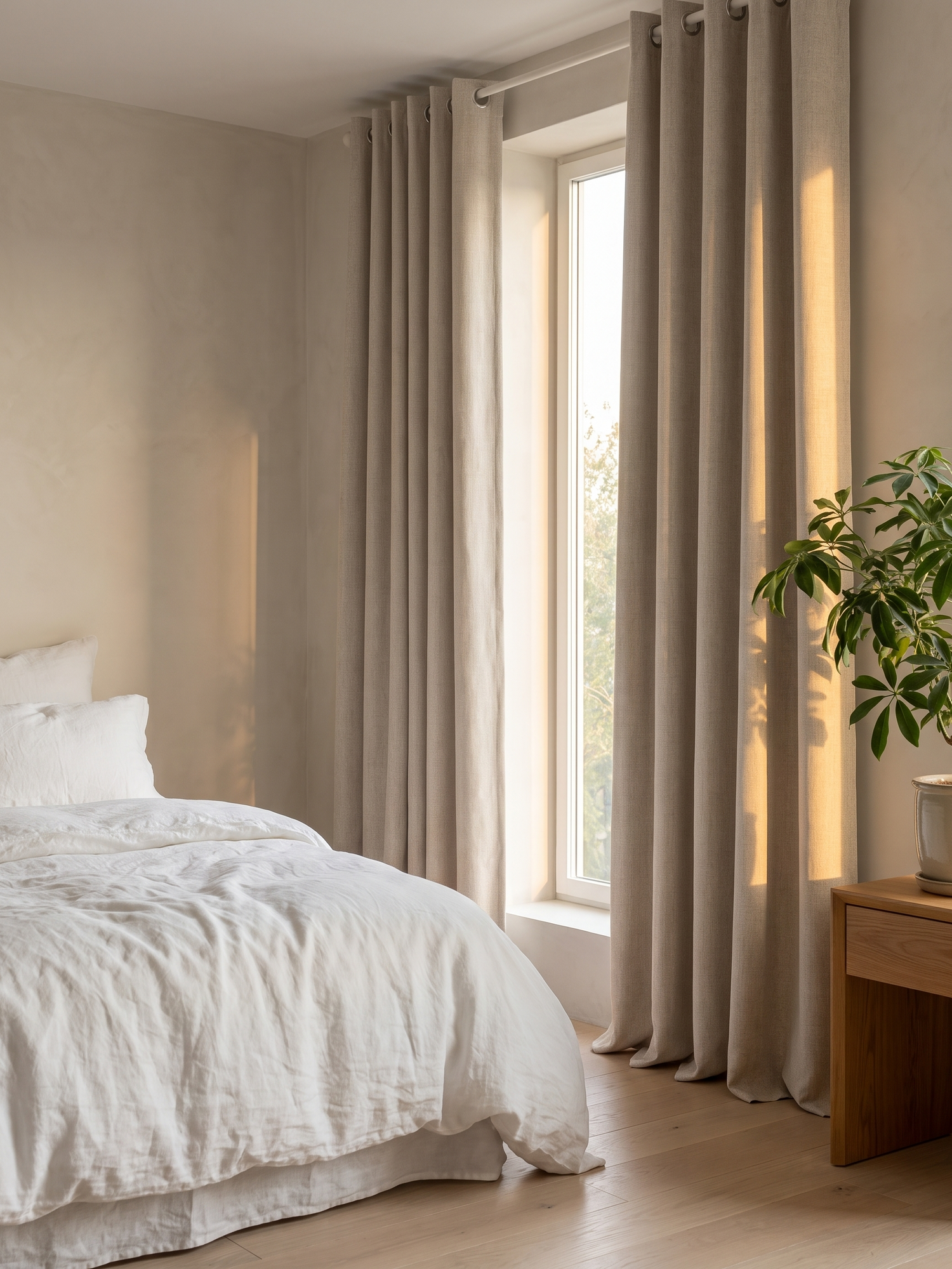 Linden beige blackout curtains on a bedroom window at dawn — lifestyle