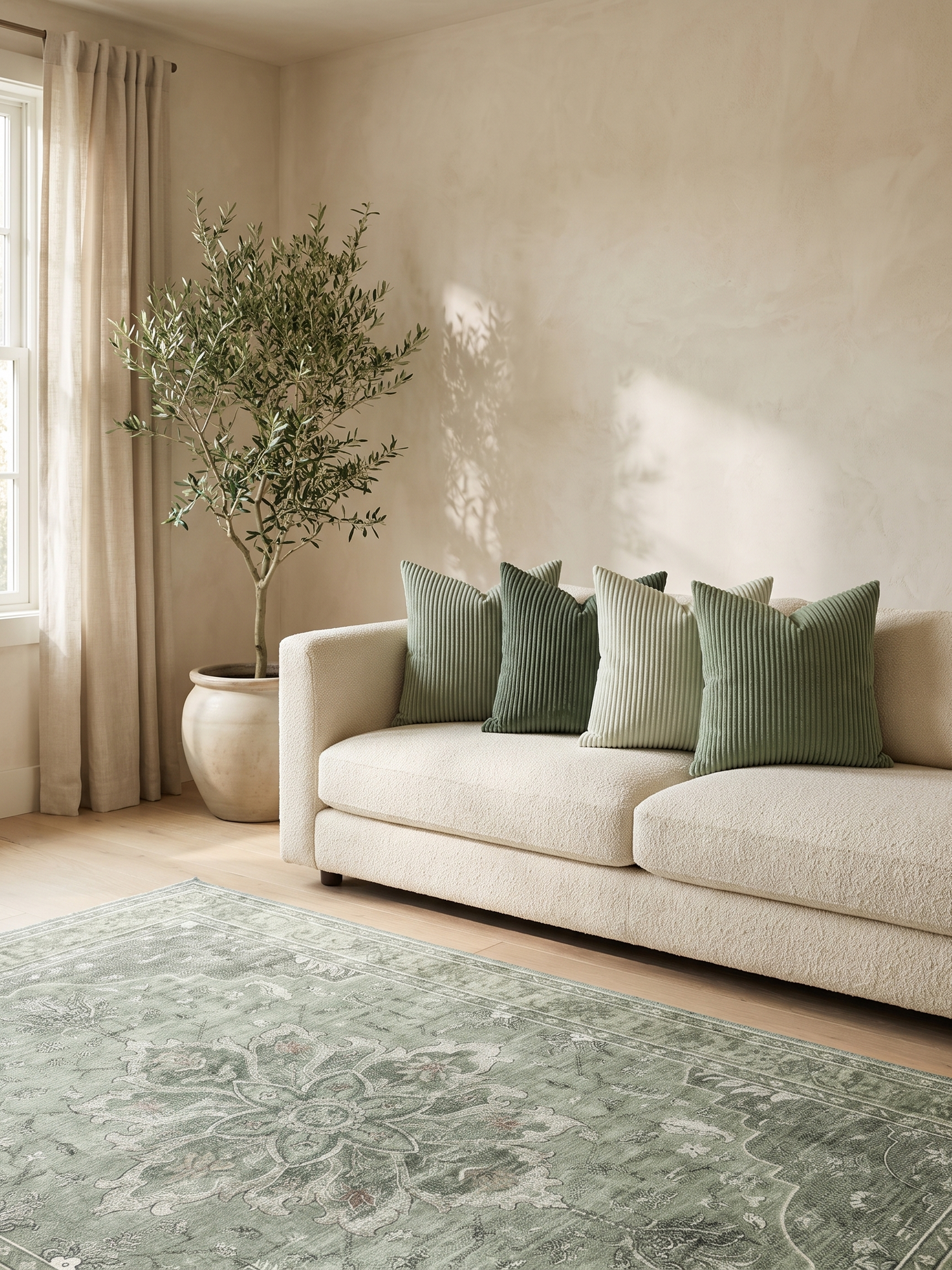 Sorrel sage pillows on a bouclé sofa with the Juniper rug — lifestyle
