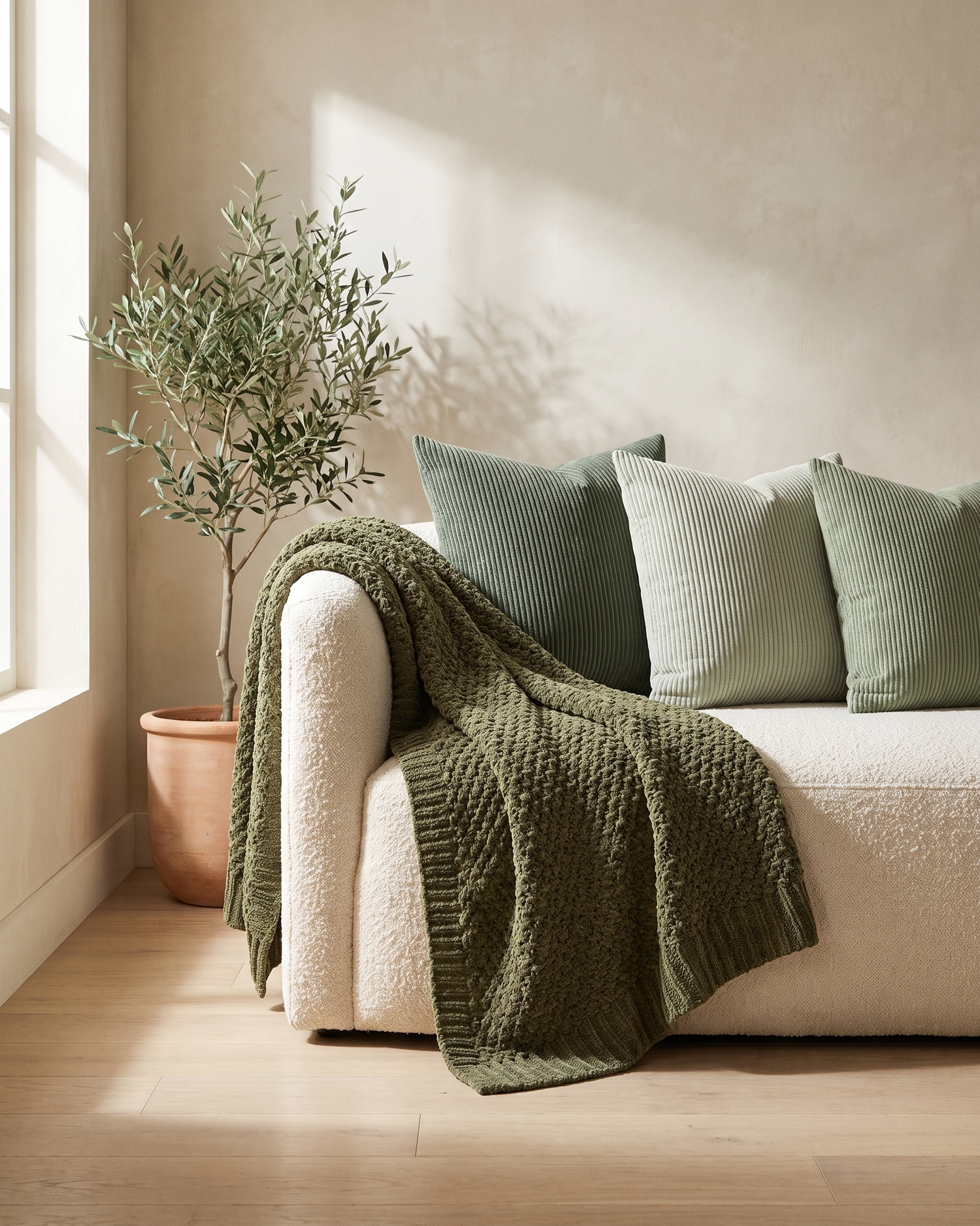 The Cozy Living Set — Fern throw and Sorrel sage pillows on a sofa — lifestyle