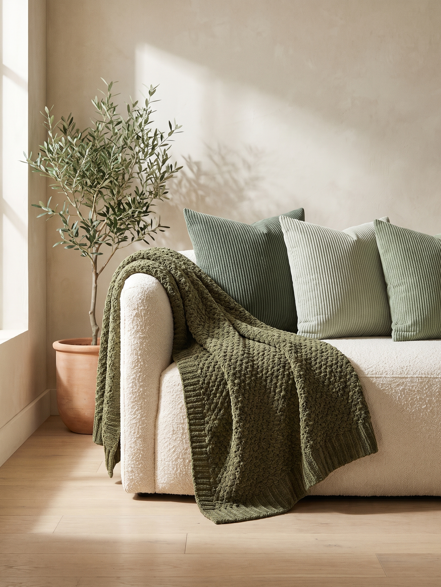 Fern throw draped on a bouclé sofa with sage pillows — lifestyle