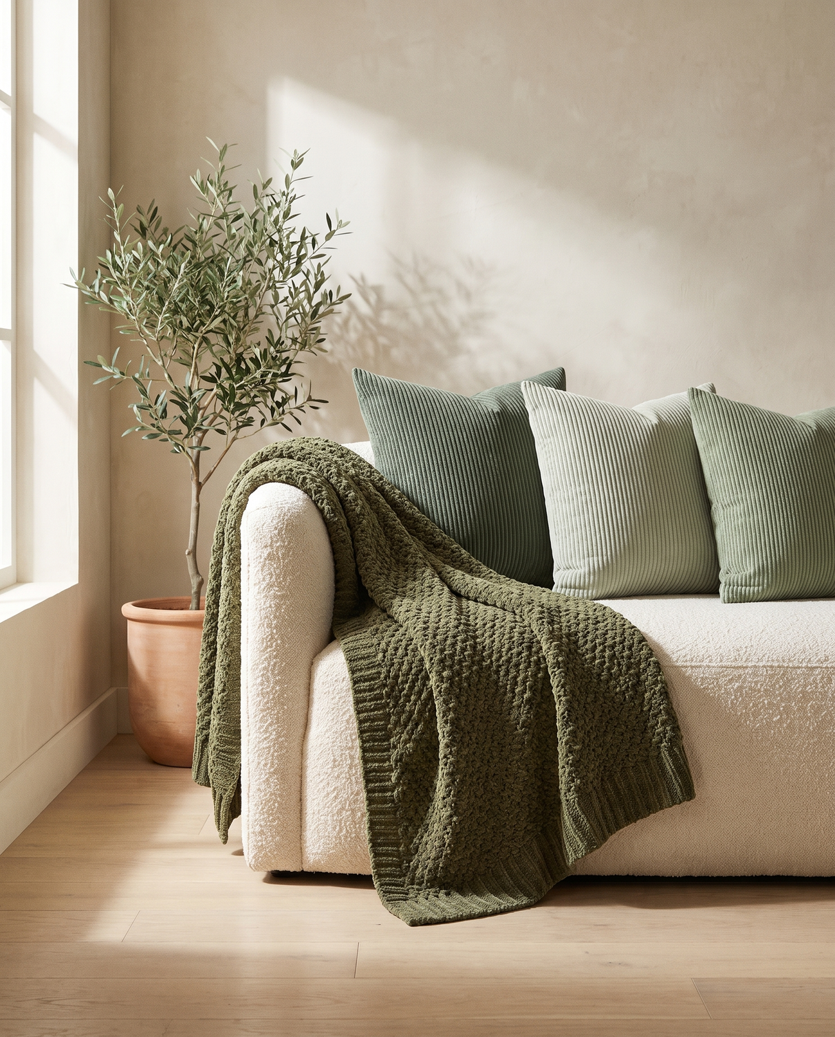Fern throw draped on a bouclé sofa with sage pillows — lifestyle
