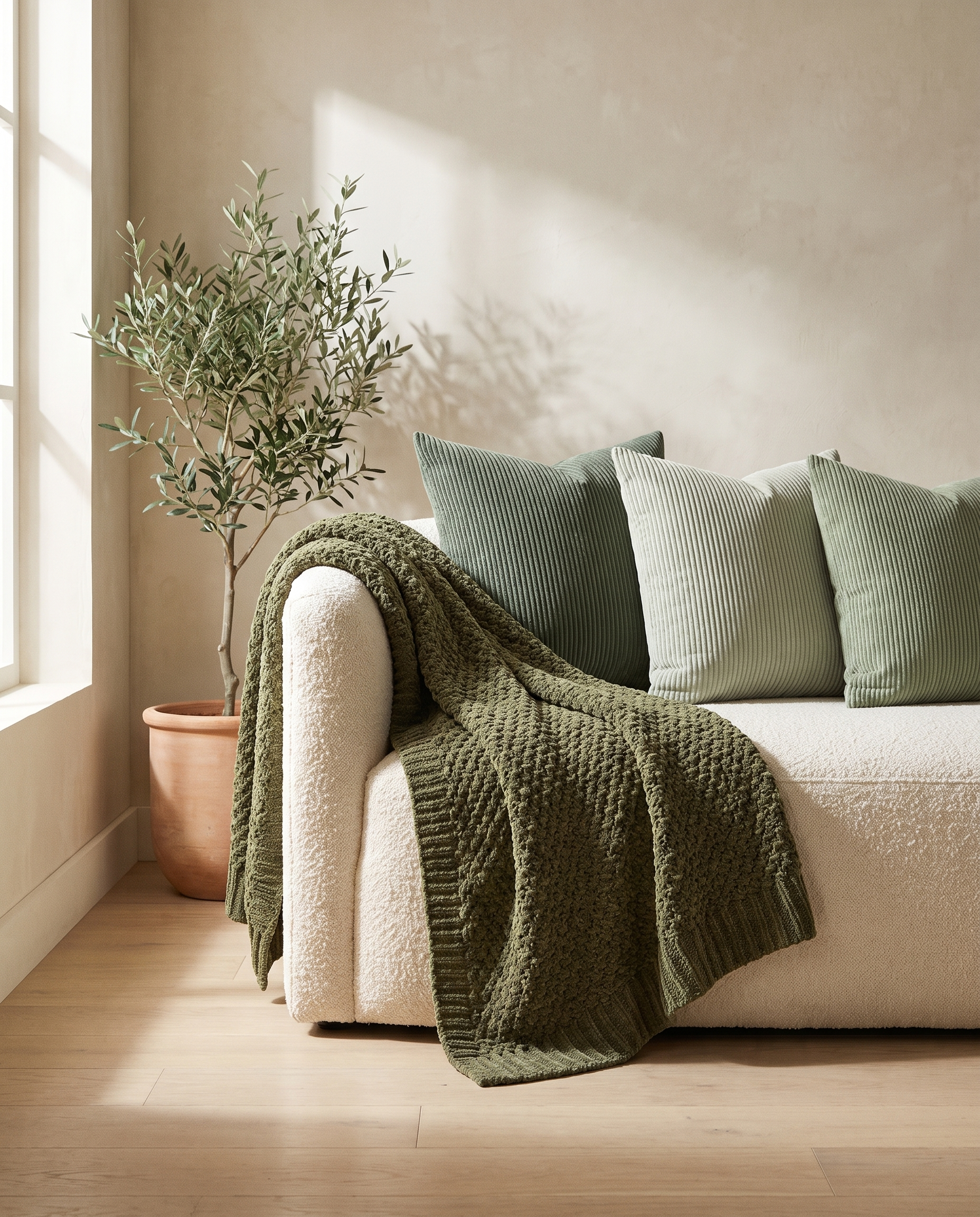 Fern throw draped on a bouclé sofa with sage pillows — lifestyle