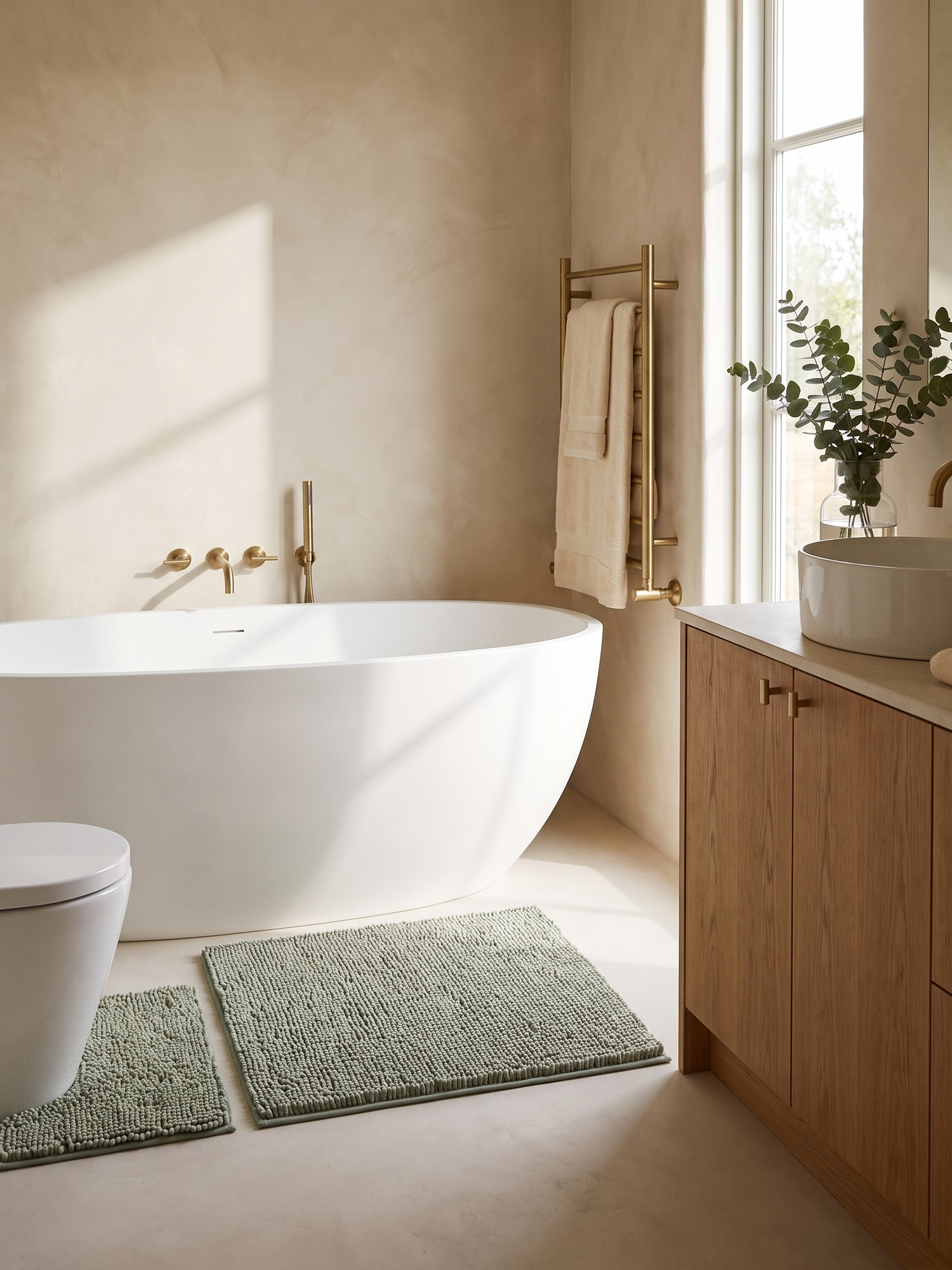 Pebble sage bath mats in a warm modern bathroom — lifestyle