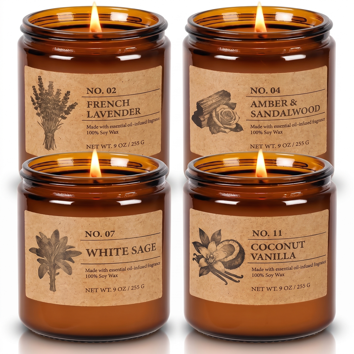 Hearth soy candle set of 4 amber jars, studio on white