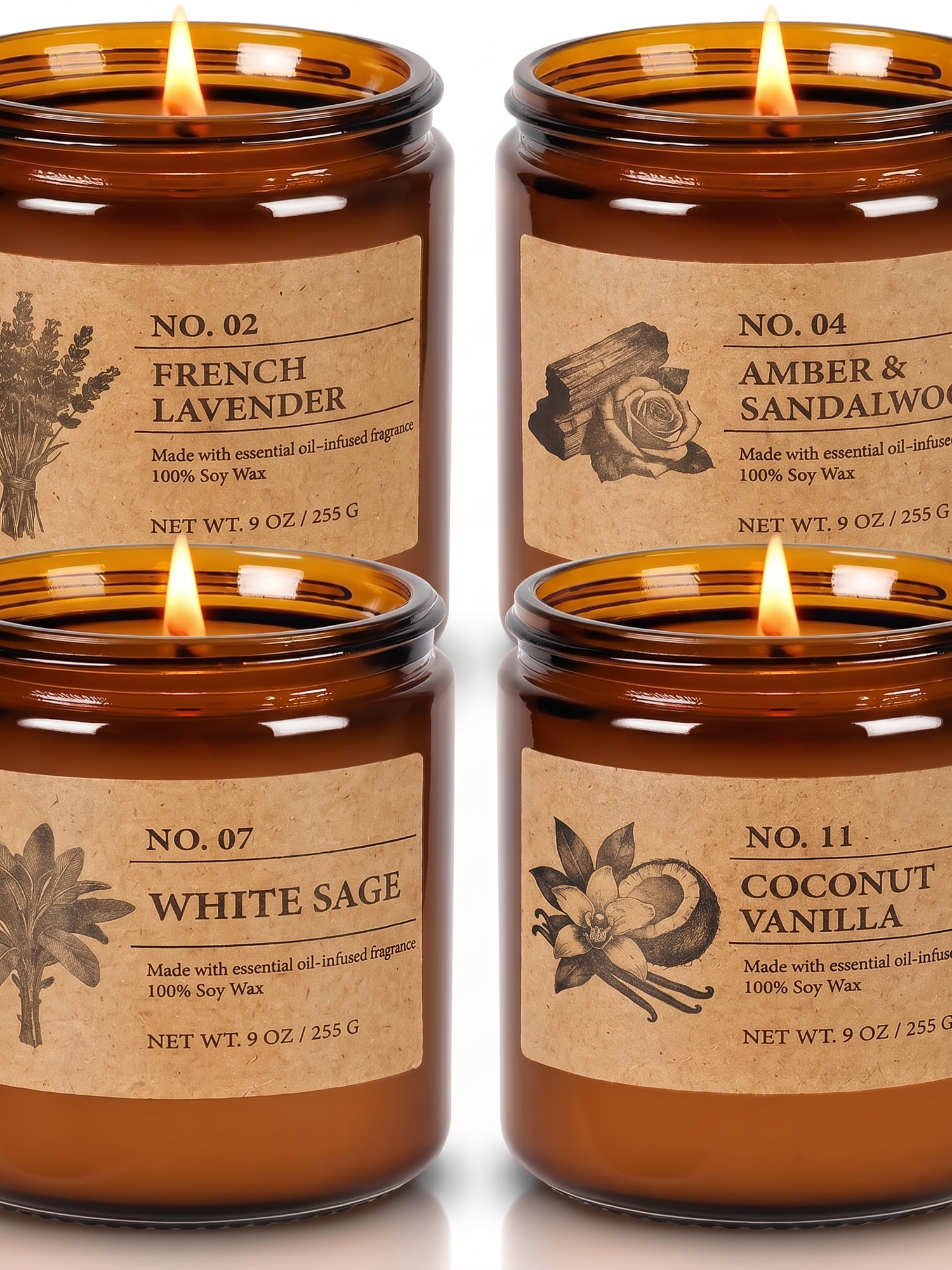Hearth soy candle set of 4 amber jars, studio on white