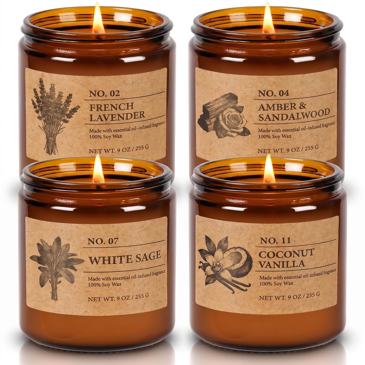 Hearth soy candle set of 4 amber jars, studio on white