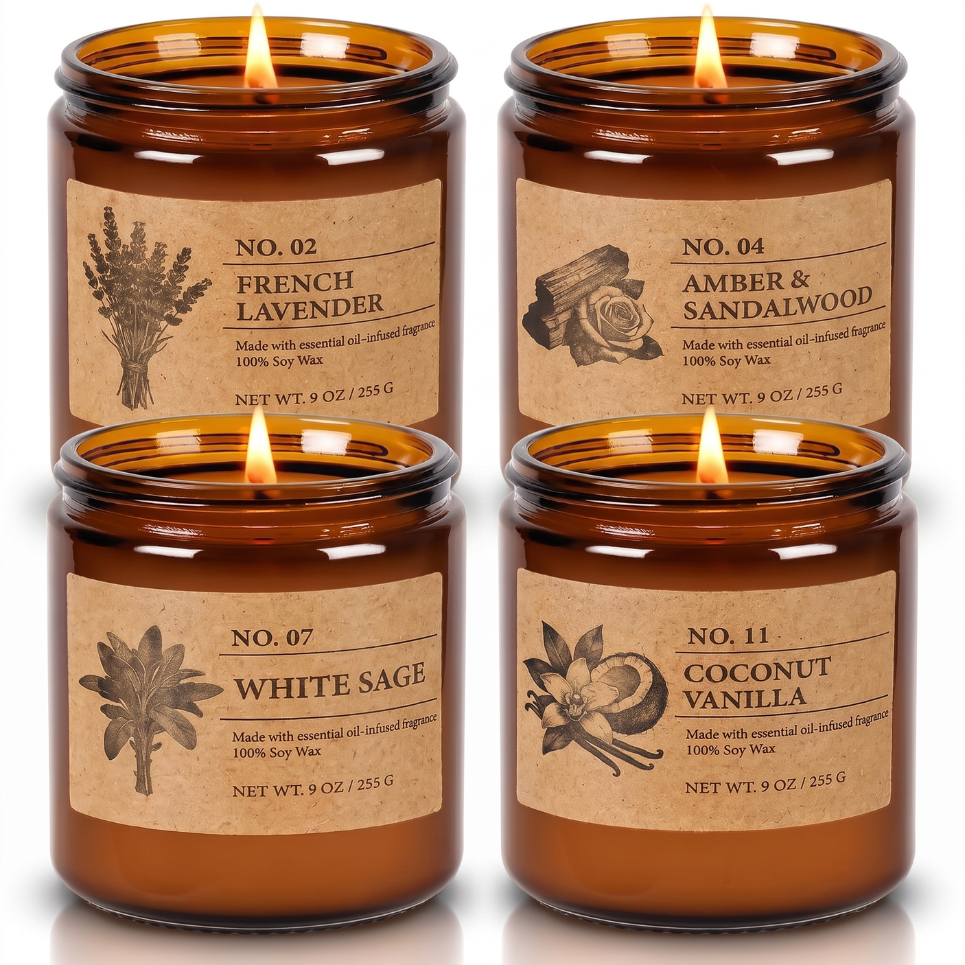 Hearth soy candle set of 4 amber jars, studio on white