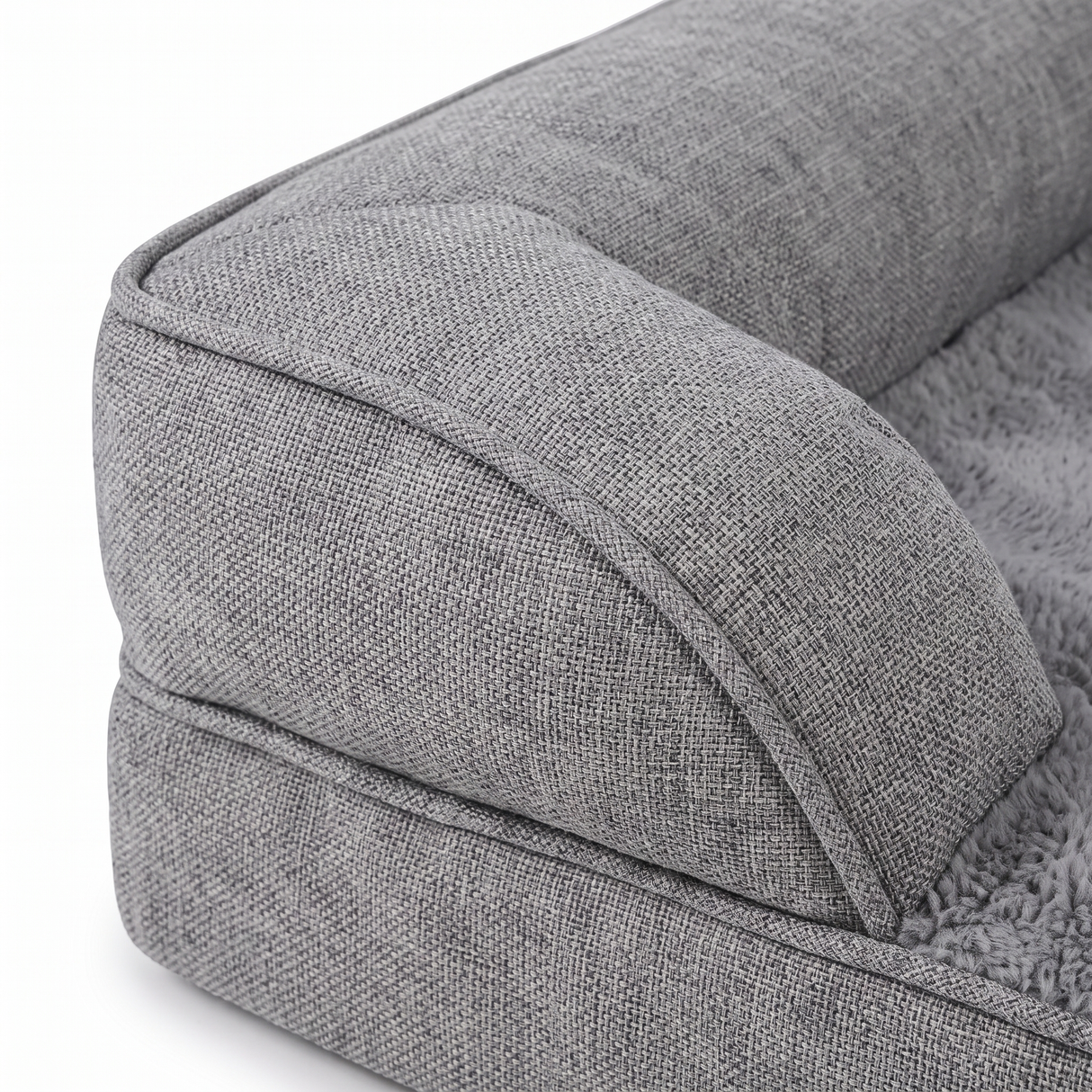 Cove dog bed bolster side and piped seam, close-up on white