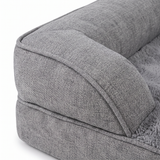 Cove dog bed bolster side and piped seam, close-up on white