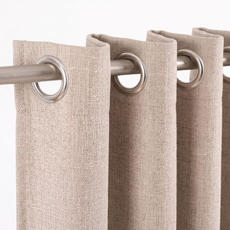 Linden curtain grommet header, close-up on white