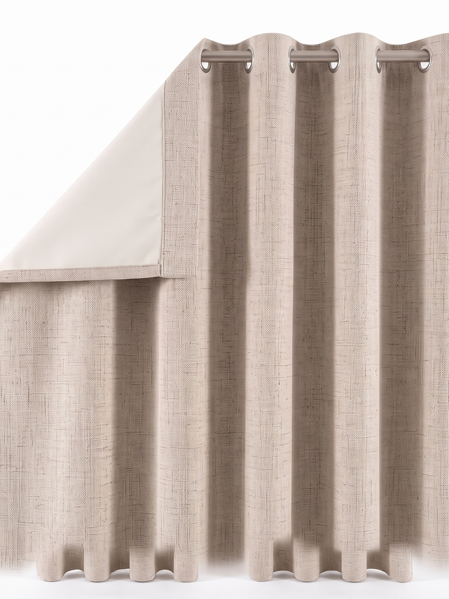 Linden curtain folded to show blackout backing, close-up on white