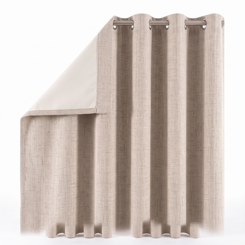 Linden curtain folded to show blackout backing, close-up on white