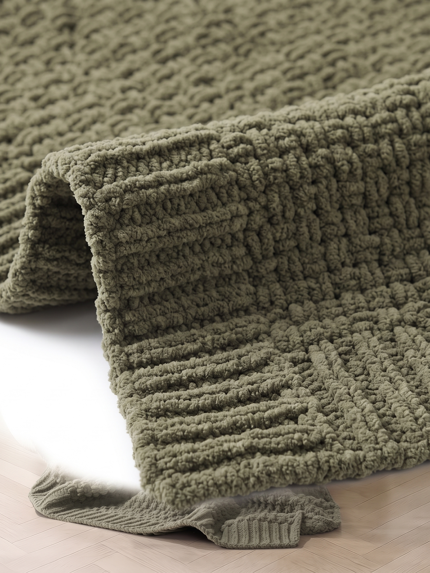 Fern knit throw ribbed border edge, close-up on white