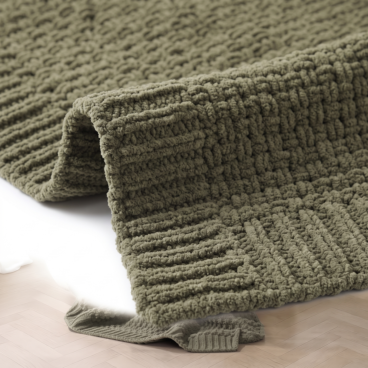 Fern knit throw ribbed border edge, close-up on white