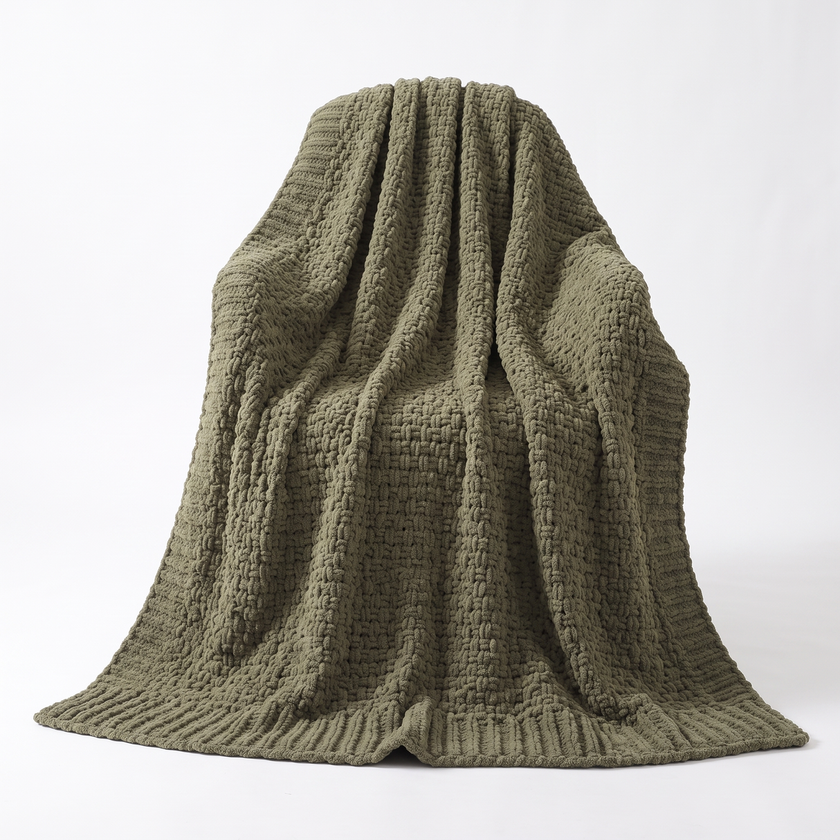 Fern olive knit throw draped, studio on white