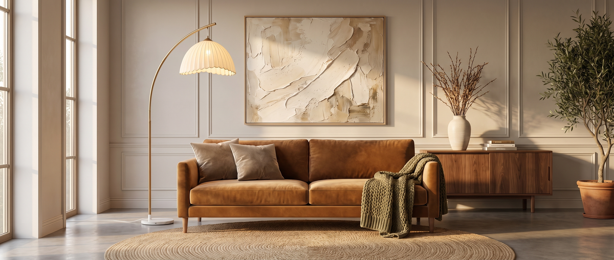 Arcadia arc floor lamp lit in a warm living room with Terra Calm canvas, Willa vase and Fern throw — lifestyle