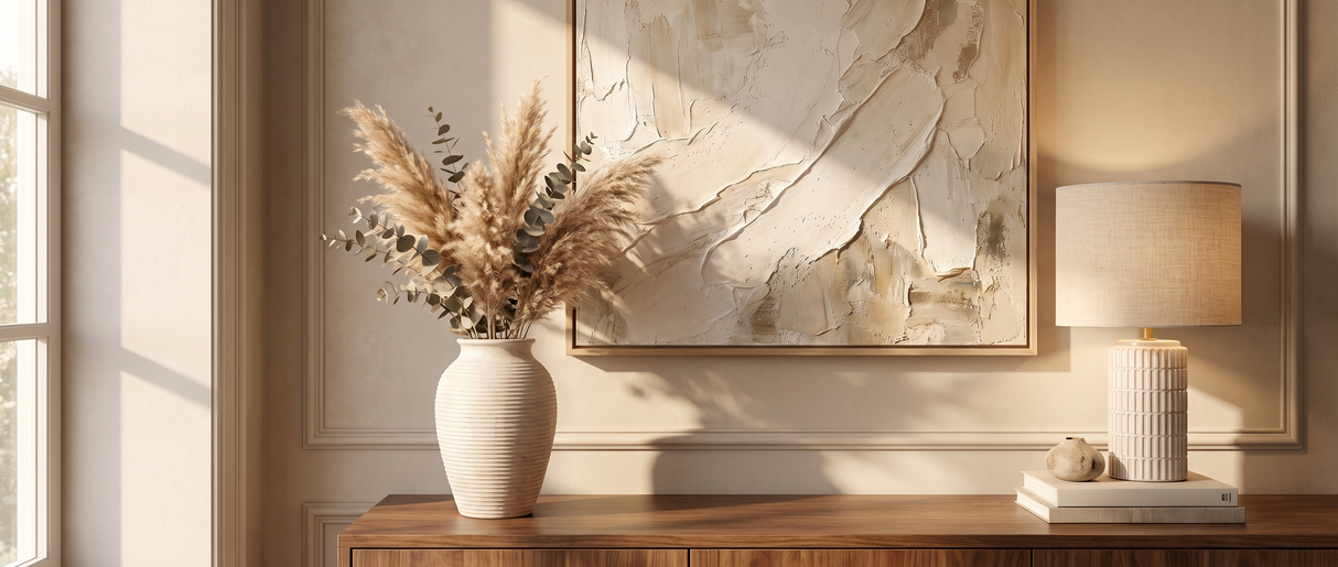 Willa vase styled on a console with the Della lamp and Terra Calm canvas — lifestyle