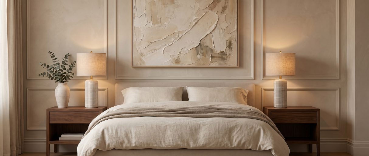 Della ceramic lamp pair flanking a bed with Willa vase and Terra Calm canvas — lifestyle