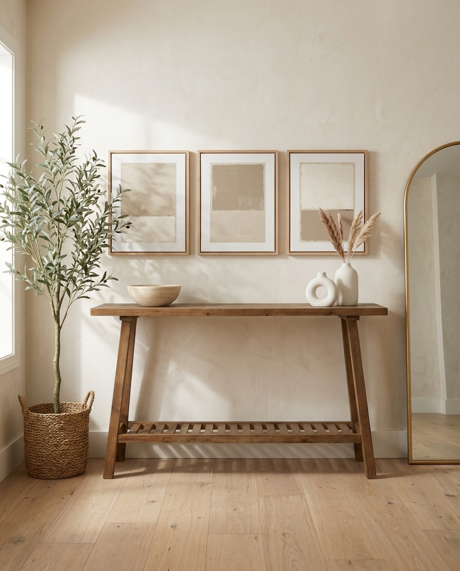 Rowan console styled in a warm minimal entryway with olive tree, framed art, travertine bowl, ceramic vases and arched mirror — lifestyle