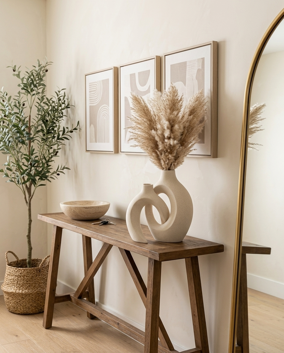 Bianca vases styled with pampas among the collection — console, travertine bowl, framed art, olive tree and arched mirror — buy the look