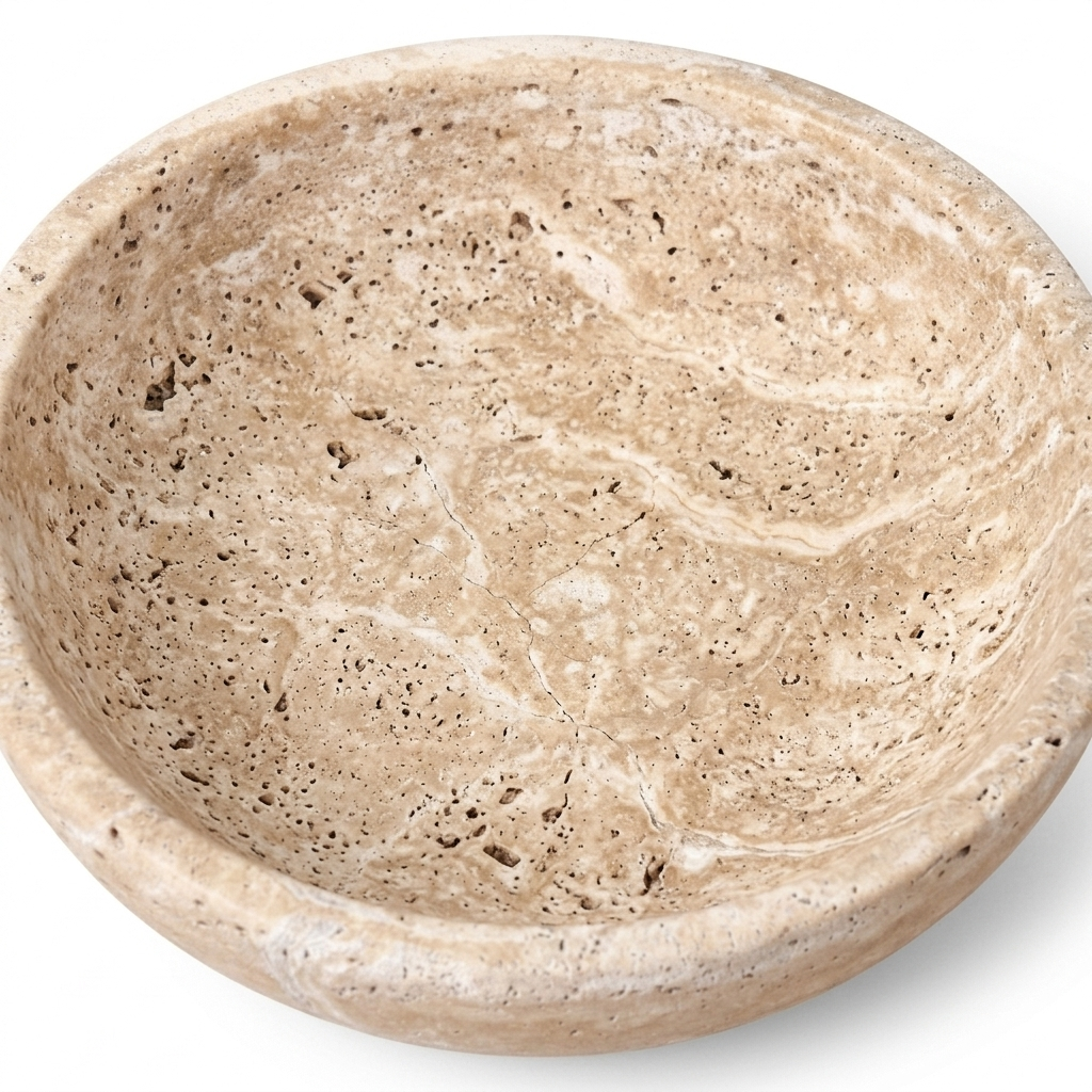 Shallow travertine bowl interior detail