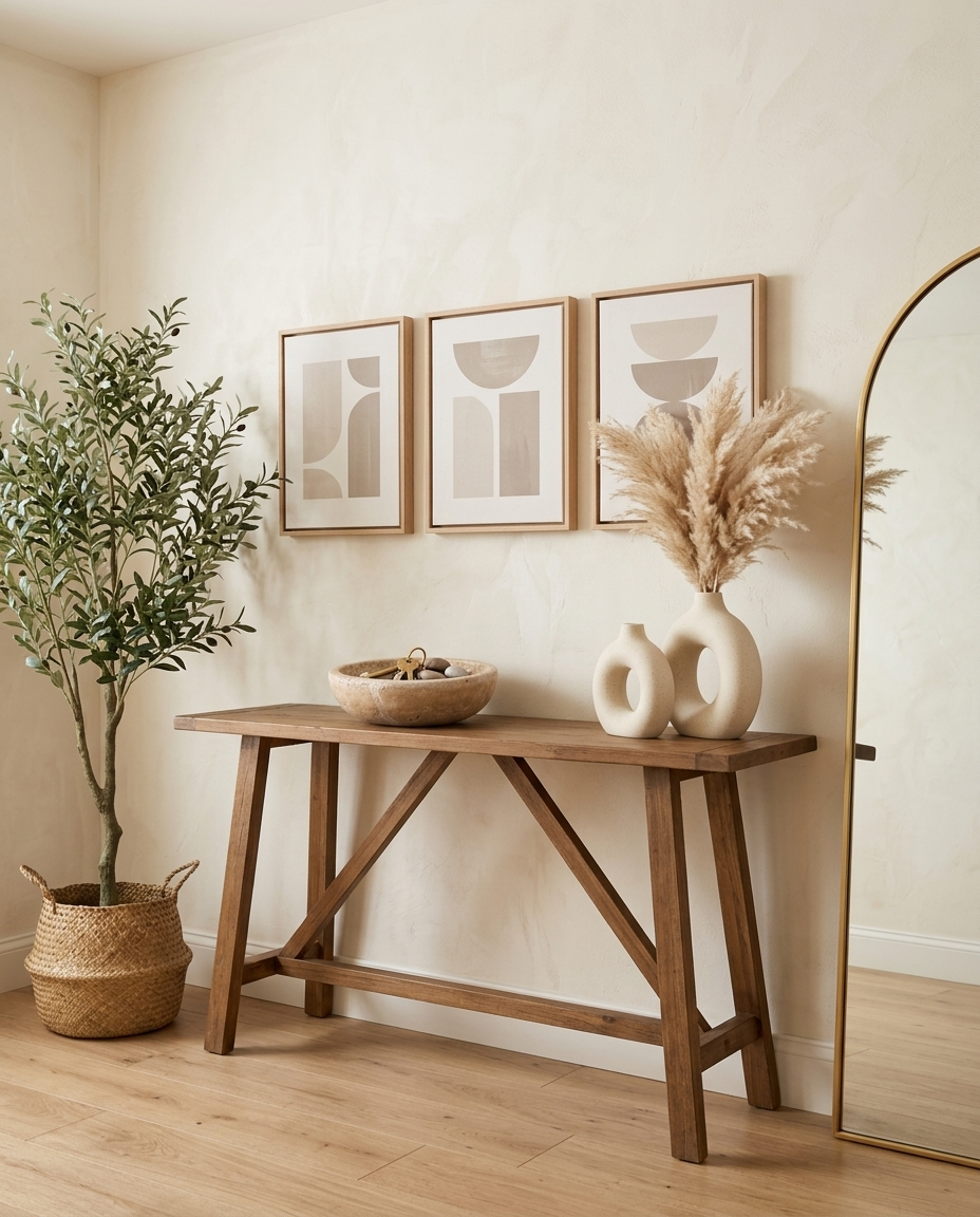 Cava travertine bowl styled among the collection on a console with vases, art, olive tree and mirror — buy the look