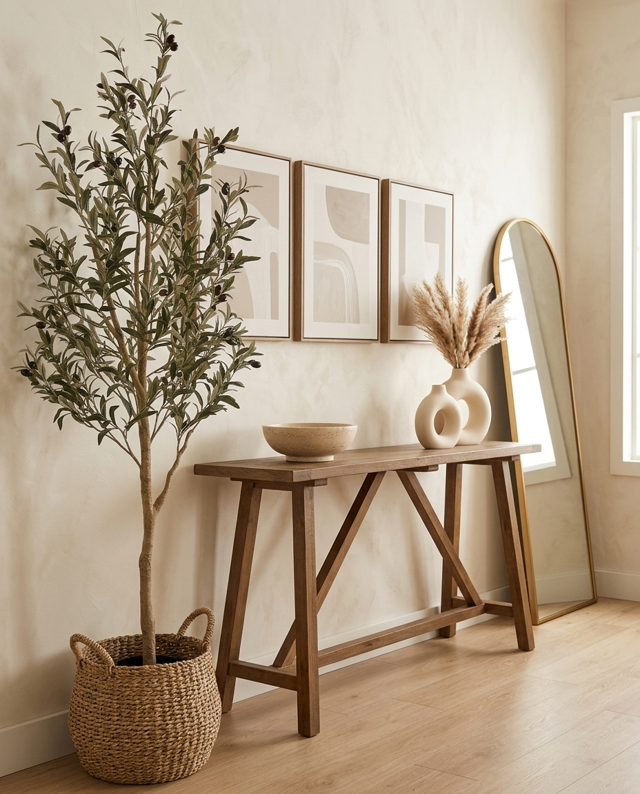 Olea olive tree in a woven basket styled among the collection with console, vases, bowl, art and mirror — buy the look