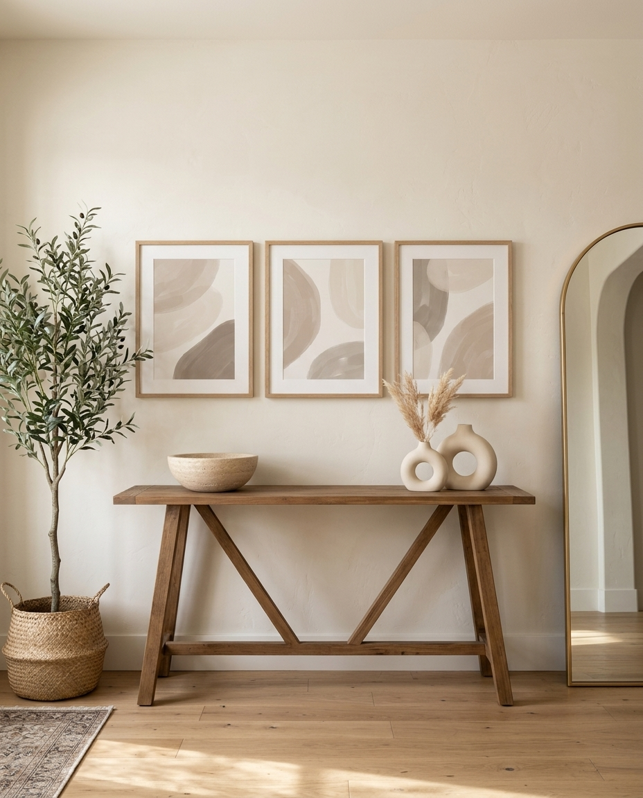 Dune triptych hung above a console styled among the collection with vases, bowl, olive tree and mirror — buy the look