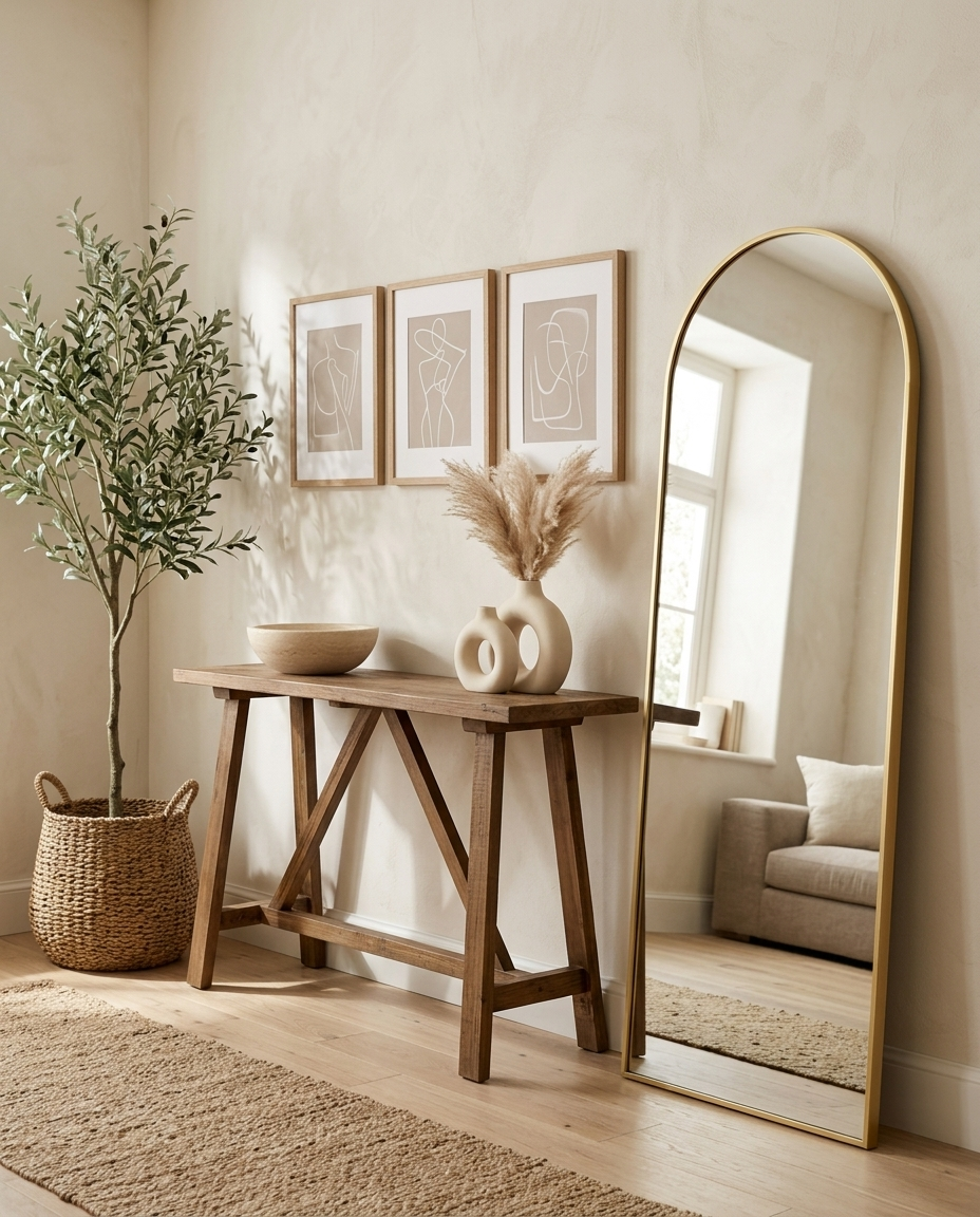 Selene arched gold mirror leaning in a full entryway with console, vases, bowl, art and olive tree — shop the whole collection