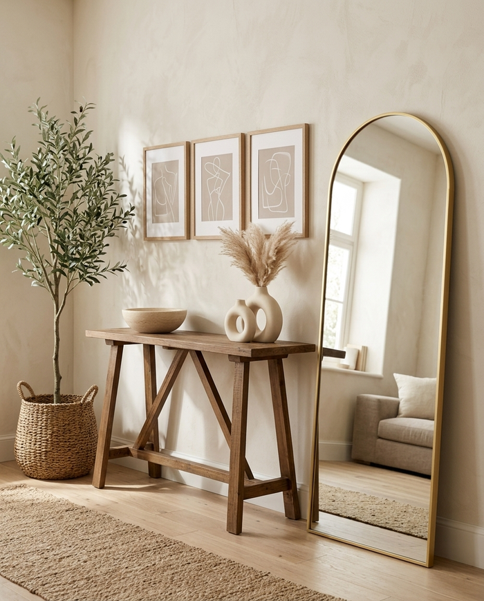 Selene arched gold mirror leaning in a full entryway with console, vases, bowl, art and olive tree — shop the whole collection