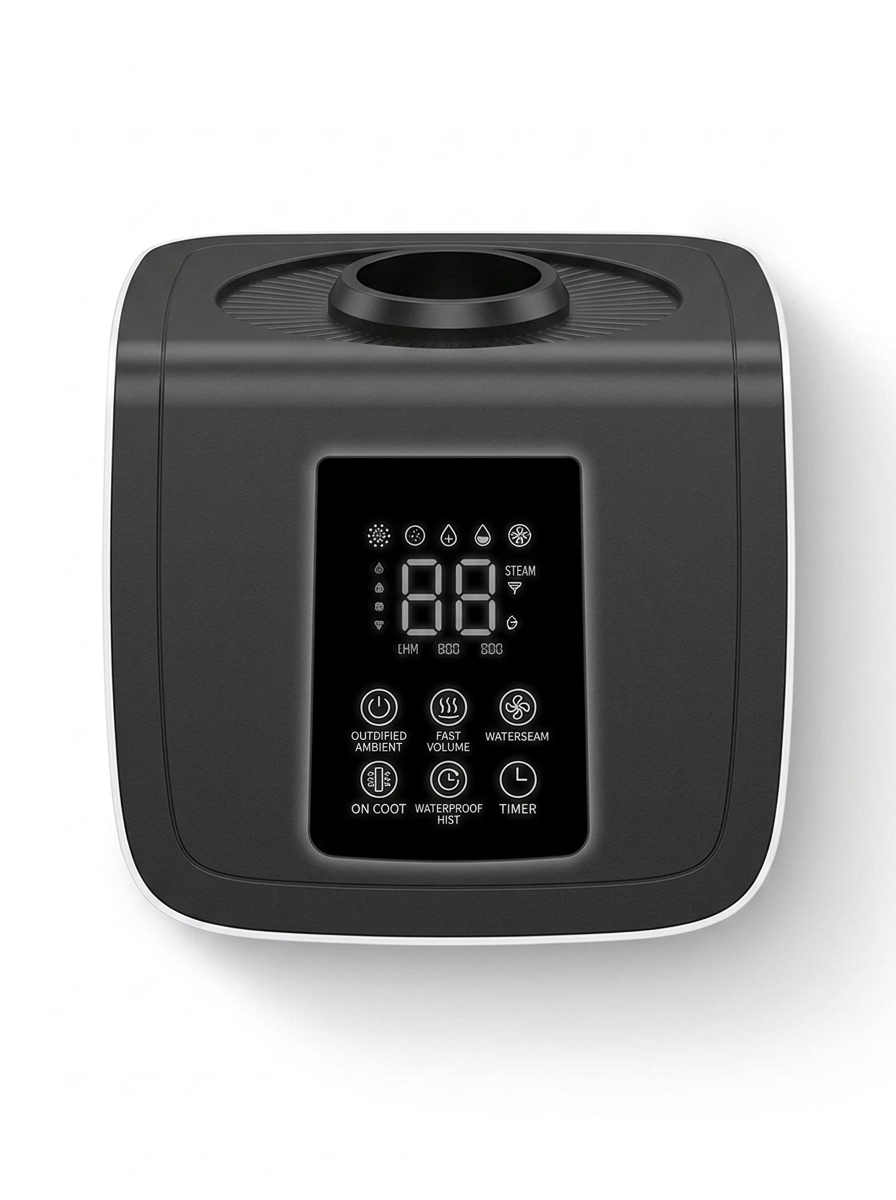 Humidifier top mist outlet and digital control panel close-up
