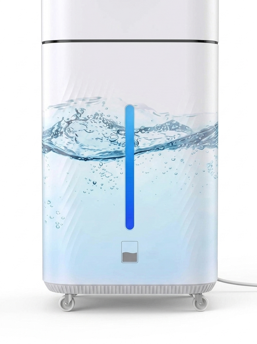 Humidifier water tank window and caster wheel base close-up