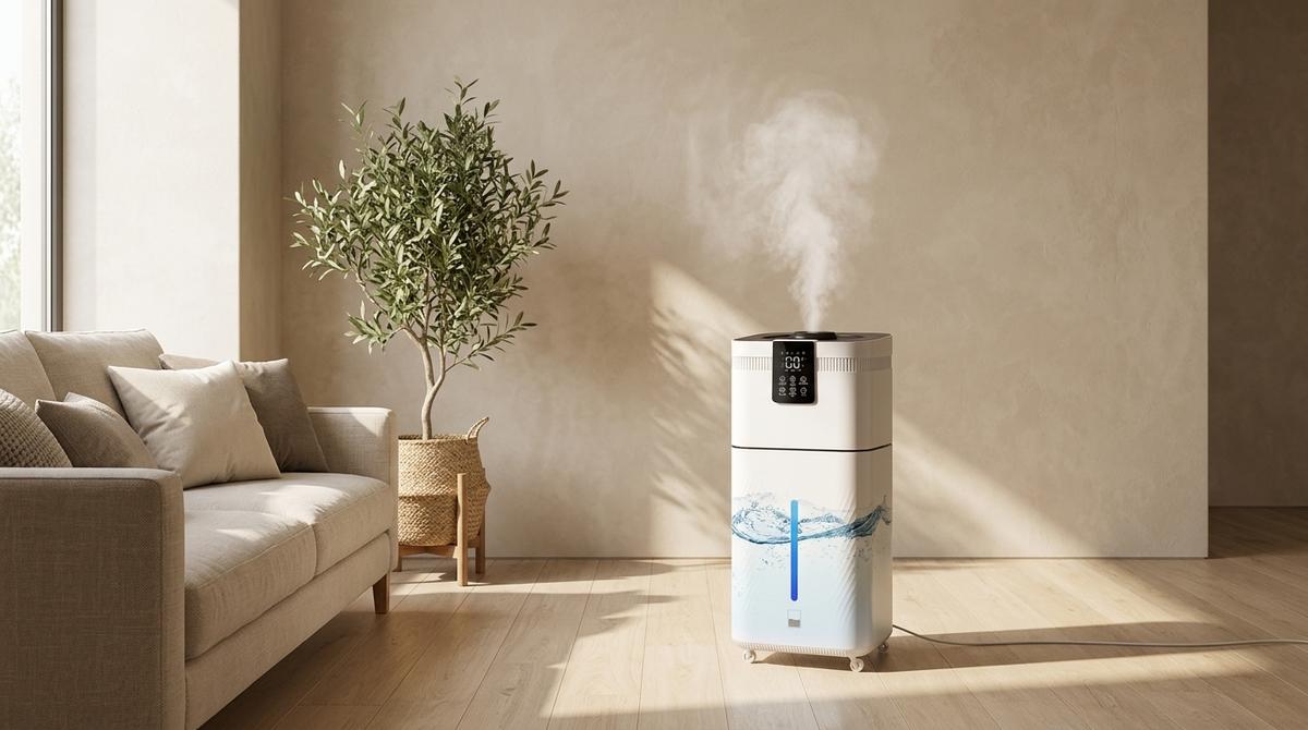 Cool mist humidifier in a warm minimal living room lifestyle