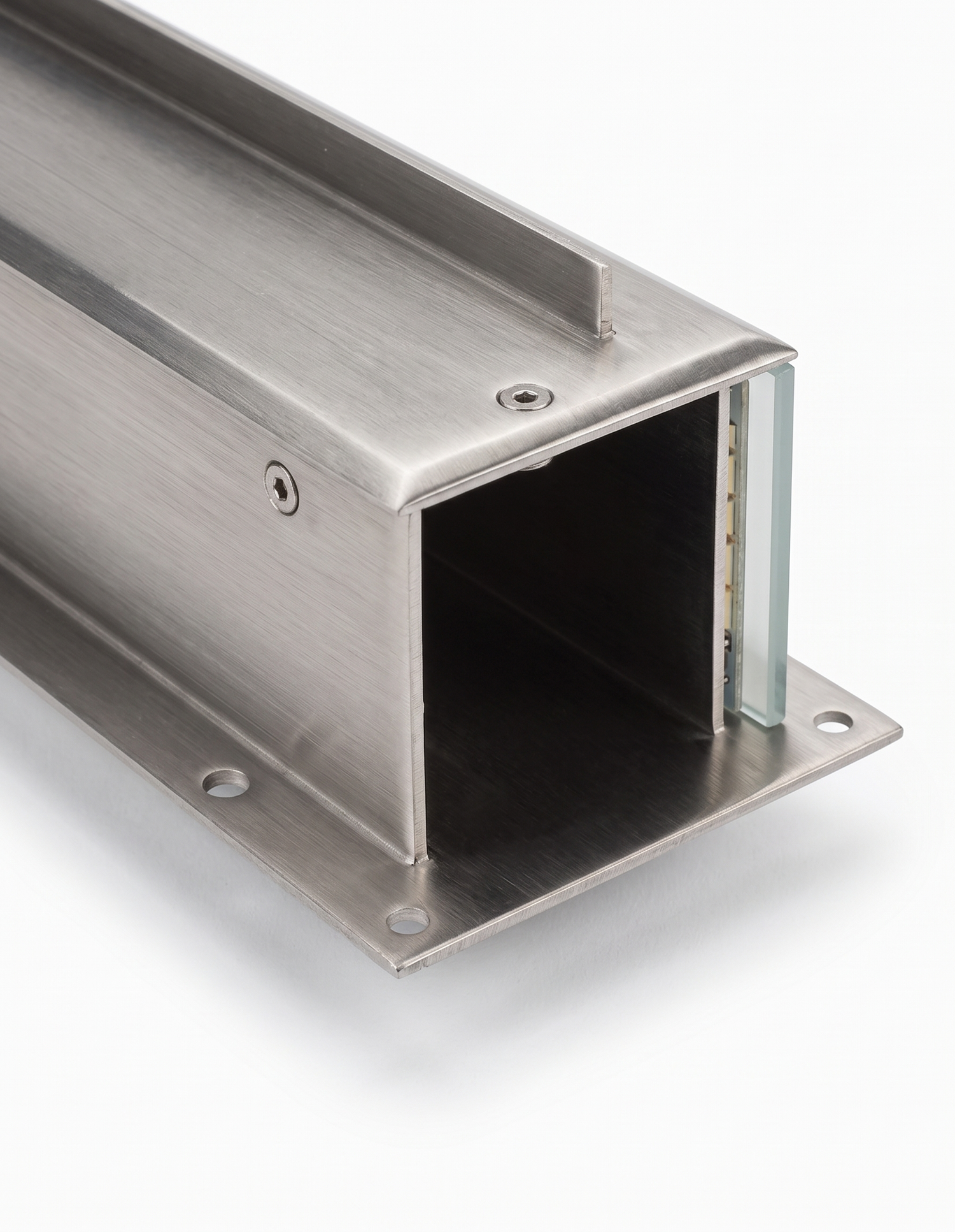 Rill stainless steel channel and mounting flange, close-up on white