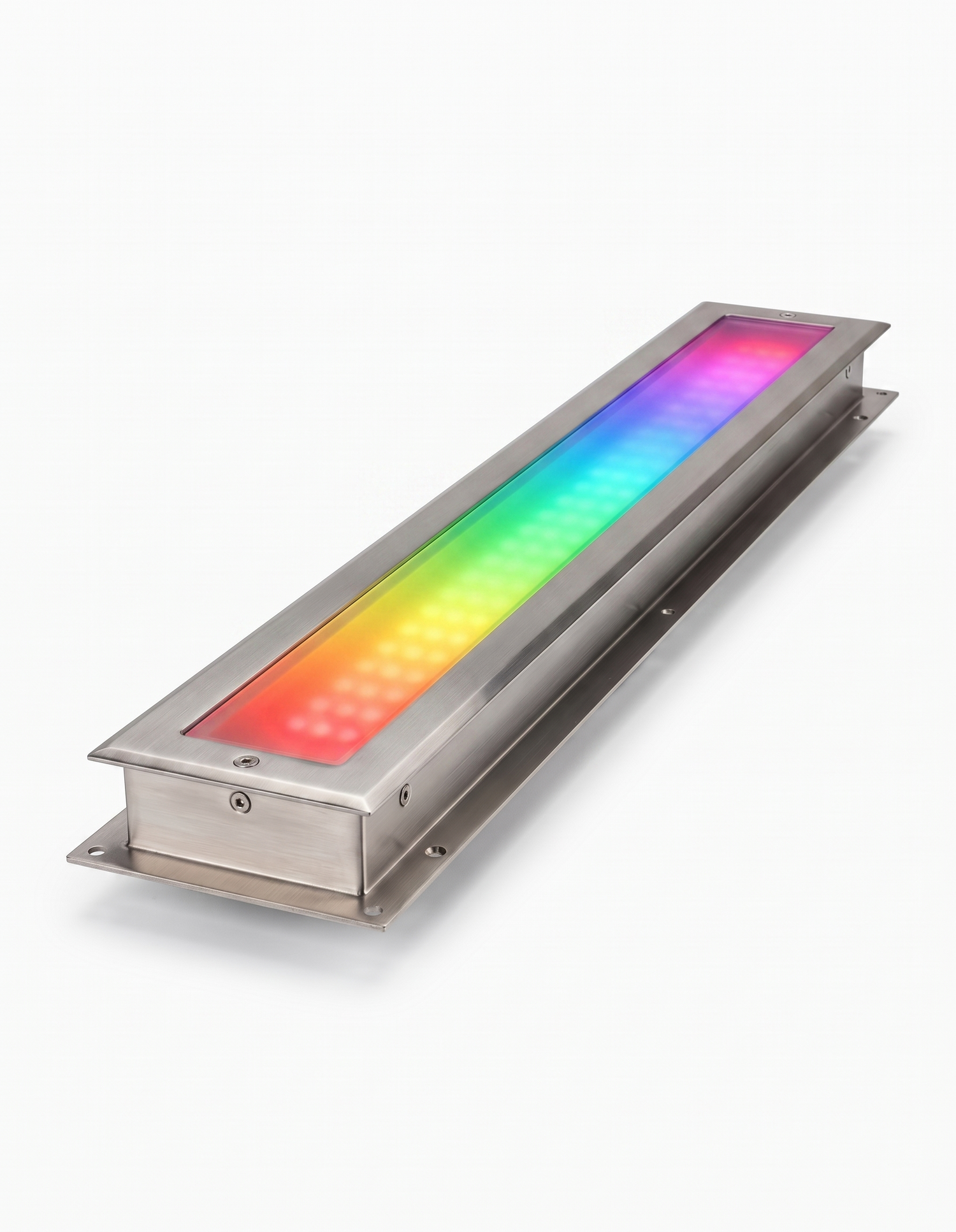 Rill in-ground LED strip light glowing RGB rainbow color on white studio background