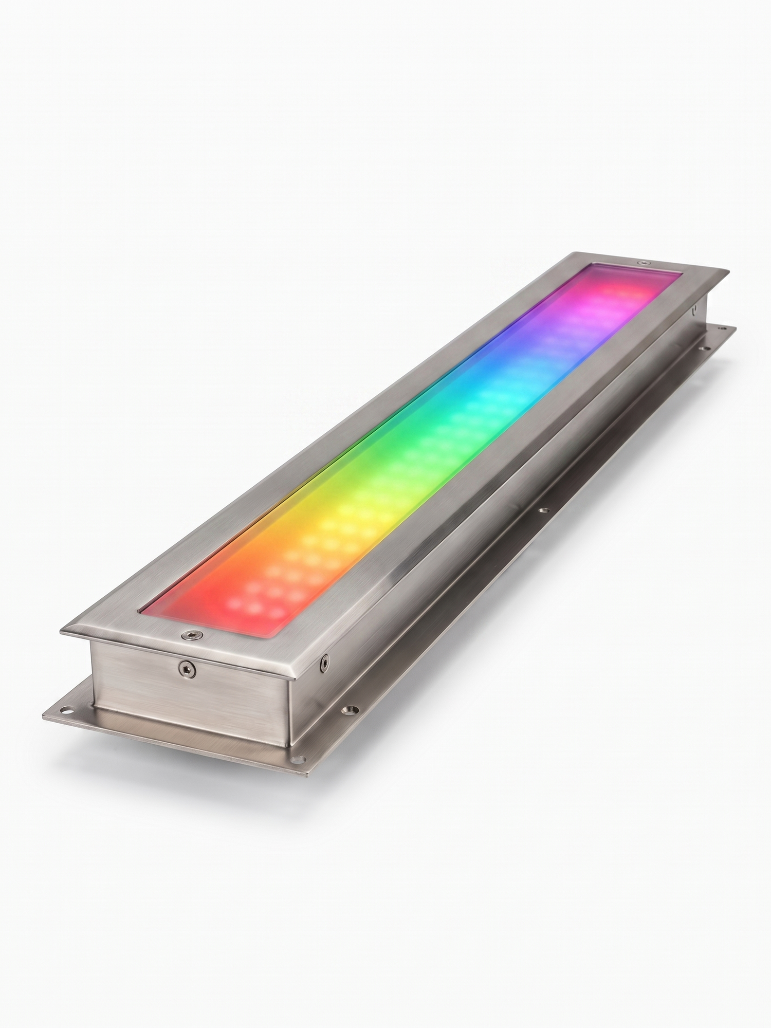 Rill in-ground LED strip light glowing RGB rainbow color on white studio background