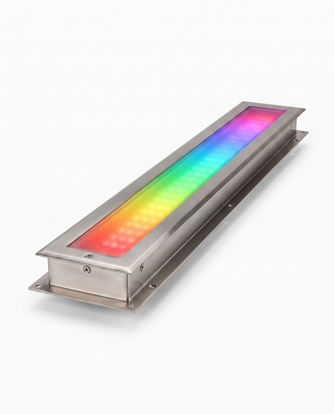 Rill in-ground LED strip light glowing RGB rainbow color on white studio background
