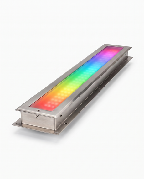 Rill in-ground LED strip light glowing RGB rainbow color on white studio background