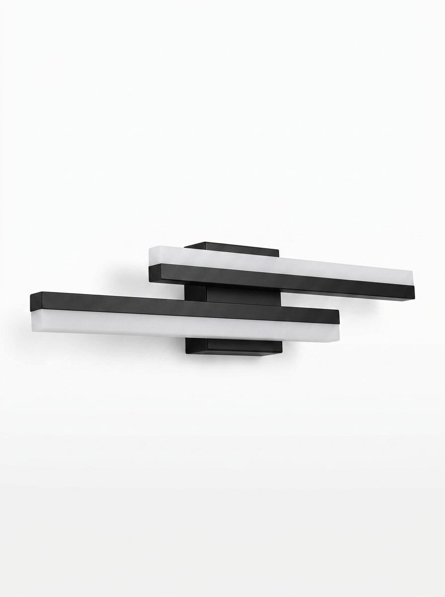 Modern LED vanity light bar with staggered dual tubes shown on a clean white studio background