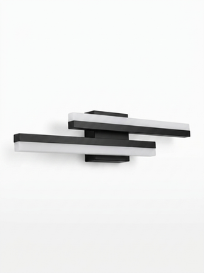 Modern LED vanity light bar with staggered dual tubes shown on a clean white studio background