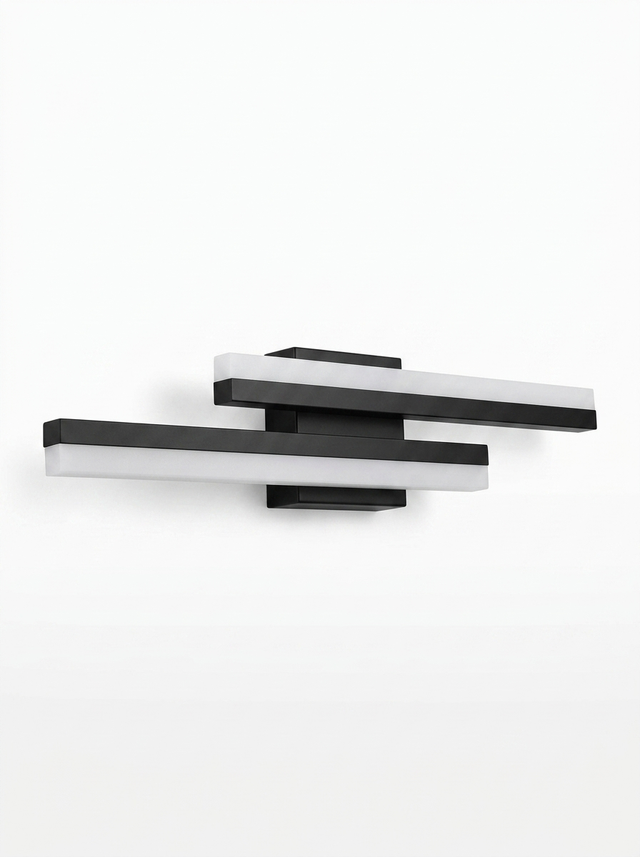 Modern LED vanity light bar with staggered dual tubes shown on a clean white studio background