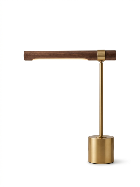 Modern wood and brass LED desk lamp — studio white