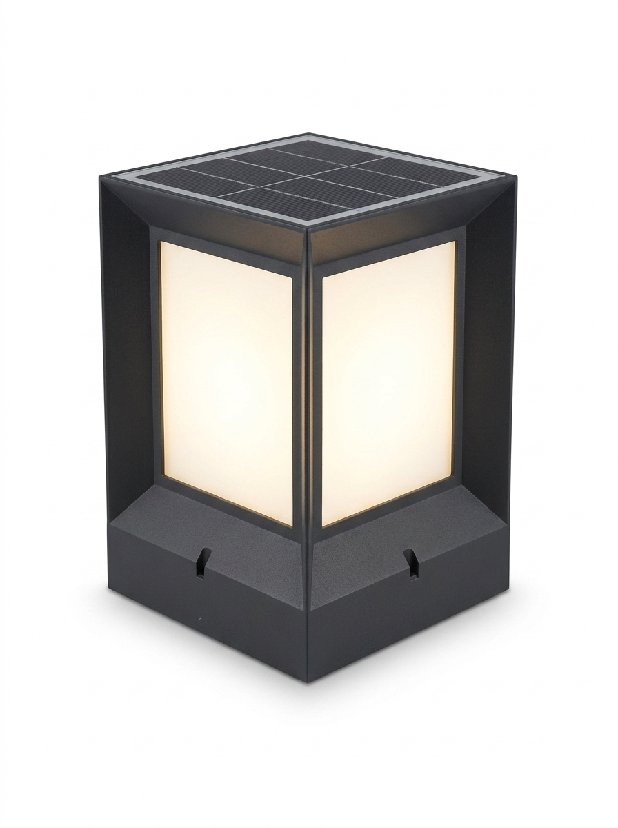 Modern square solar LED outdoor post light — studio white