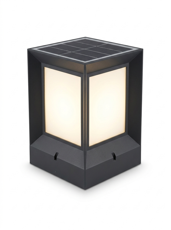 Modern square solar LED outdoor post light — studio white