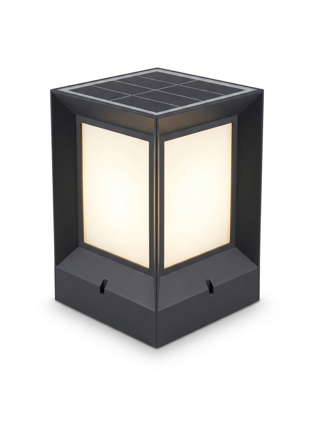 Modern square solar LED outdoor post light — studio white